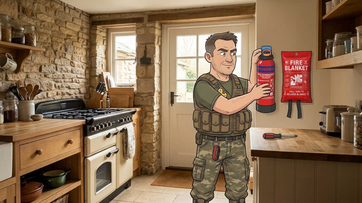 Keith the Prepper fixing a FireShield powder fire extinguisher to the wall by the back door of a cottage kitchen, next to a mounted fire blanket