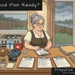 Calm Clarissa checking her flood plan at the kitchen table with her grab bag laid out and house insurance policy ready