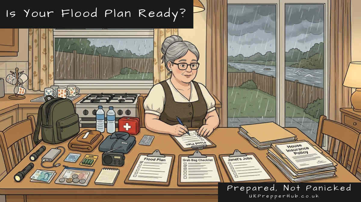 Calm Clarissa checking her flood plan at the kitchen table with her grab bag laid out and house insurance policy ready