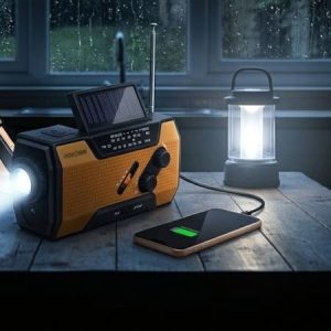 FosPower hand crank emergency radio with its solar panel raised and torch on, charging a phone on a kitchen table during a power cut