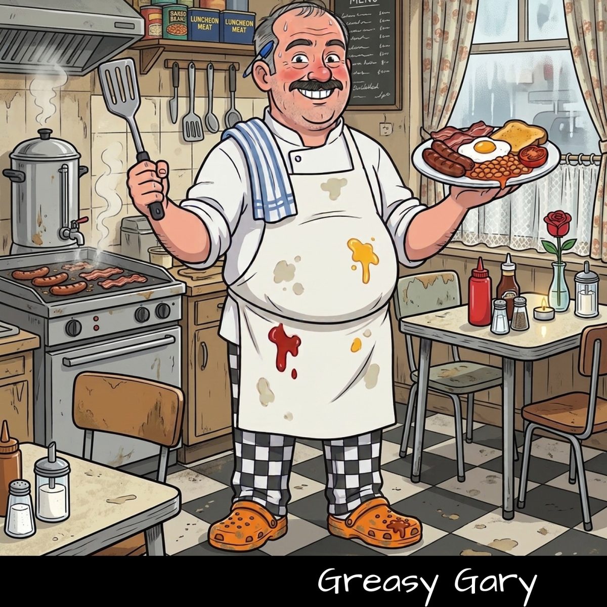 Greasy Gary, the UK Prepper Hub greasy spoon cook, in his cafe