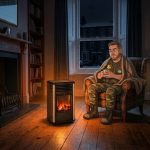 Cartoon of Keith the Prepper sitting in an armchair with a mug of tea beside a lit Manhattan gas heater in a dark living room during a winter power cut