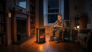 Cartoon of Keith the Prepper sitting in an armchair with a mug of tea beside a lit Manhattan gas heater in a dark living room during a winter power cut