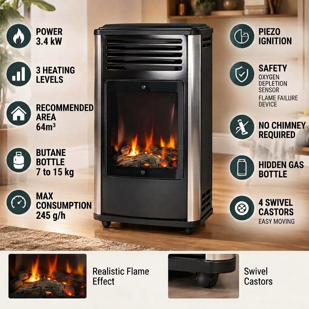 Manhattan gas heater with log-effect flames behind glass, showing its 3.4kW output, three heat settings, oxygen depletion sensor and flame failure device
