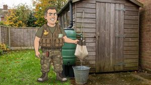 Keith filtering water butt water through a Millbank bag into a bucket in a UK back garden