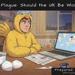 Chicken Licken at a kitchen table researching pneumonic plague, with FFP2 masks, a thermometer and a pulse oximeter