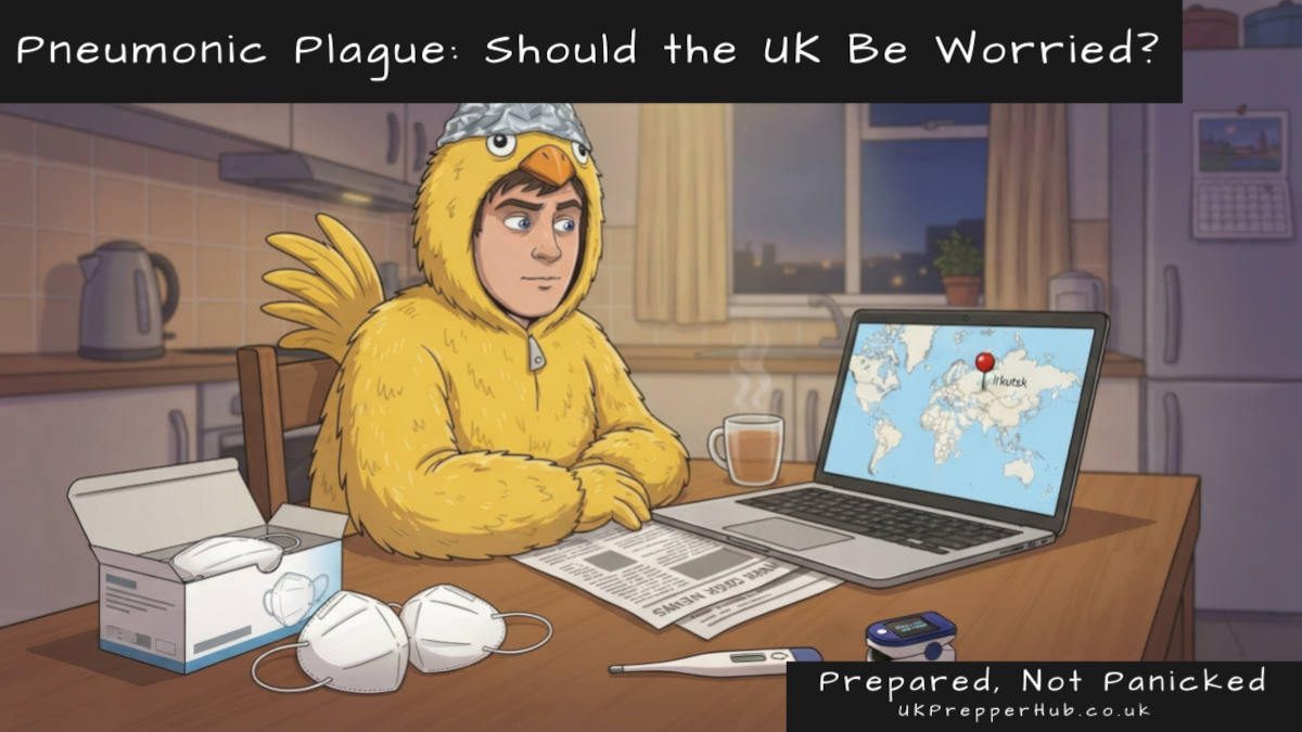 Chicken Licken at a kitchen table researching pneumonic plague, with FFP2 masks, a thermometer and a pulse oximeter