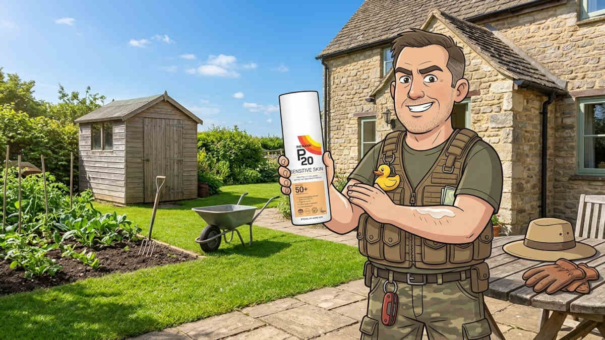 Keith the Prepper in a sunny cottage garden rubbing Riemann P20 Sensitive SPF50+ sun cream onto his arm before gardening