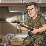 Cartoon of Keith the Prepper wrapping self amalgamating tape around a copper pipe under a kitchen sink