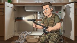 Cartoon of Keith the Prepper wrapping self amalgamating tape around a copper pipe under a kitchen sink