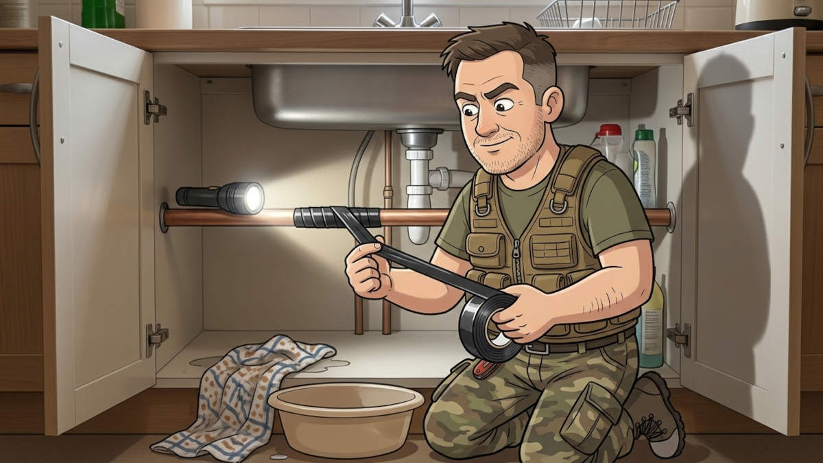 Cartoon of Keith the Prepper wrapping self amalgamating tape around a copper pipe under a kitchen sink
