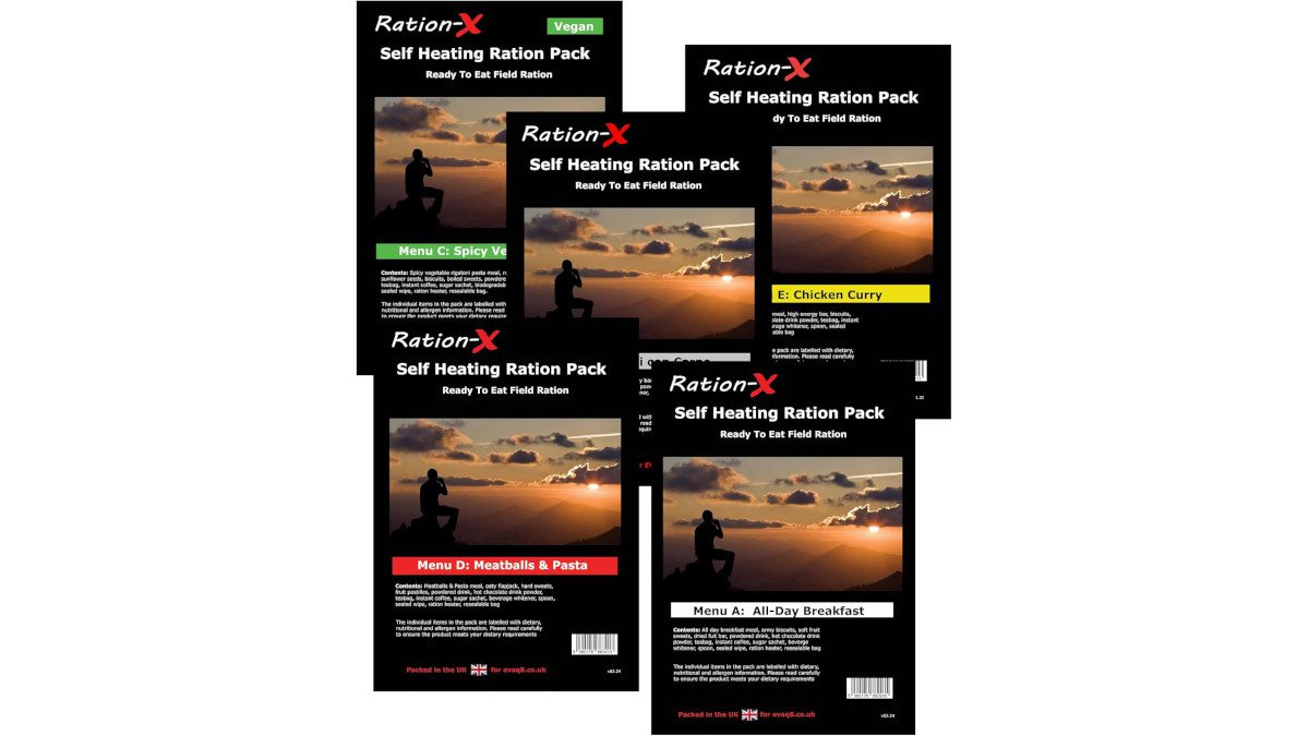Ration-X self heating meals pack of 5 showing menus A to E, packed in the UK