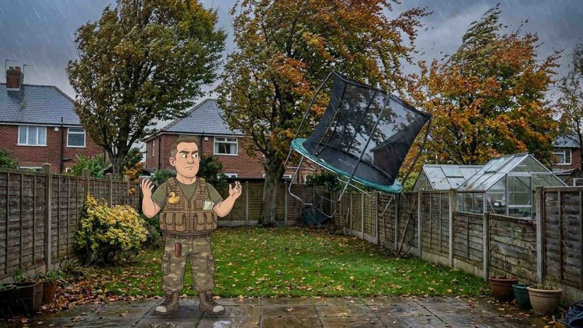 Keith watches his trampoline blow over the fence during Storm Austen, in a UK back garden in wind and rain