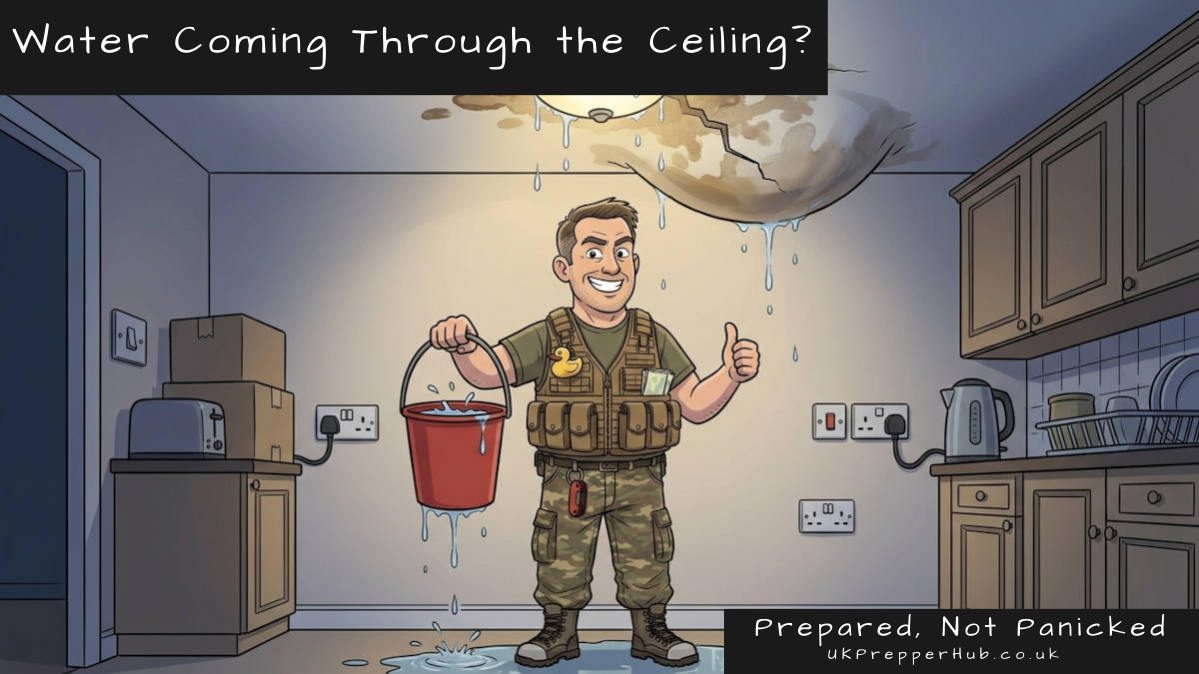 Cartoon Keith holding a leaking bucket as water coming through the ceiling drips from a sagging, cracked kitchen ceiling