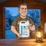 Cartoon Keith in a frosty UK garden shed holding a 5 litre can of Blue Flame C1 paraffin beside a lit paraffin lamp