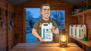 Cartoon Keith in a frosty UK garden shed holding a 5 litre can of Blue Flame C1 paraffin beside a lit paraffin lamp