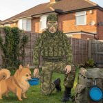 Cartoon Weekend Warrior in a UK back garden holding out a collapsible dog bowl for cartoon Pomeranian Pickle