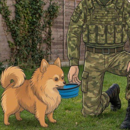 Cartoon Pomeranian Pickle drinking from a blue collapsible dog bowl