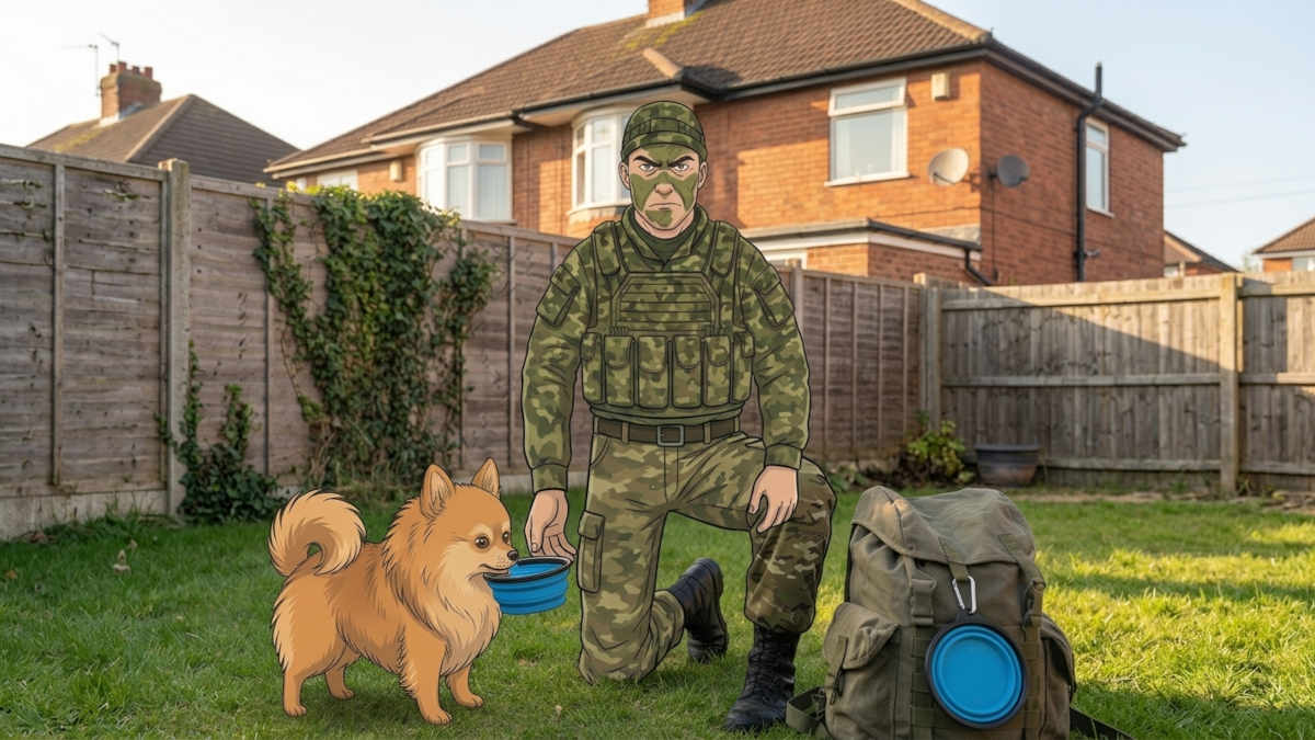 Cartoon Weekend Warrior in a UK back garden holding out a collapsible dog bowl for cartoon Pomeranian Pickle