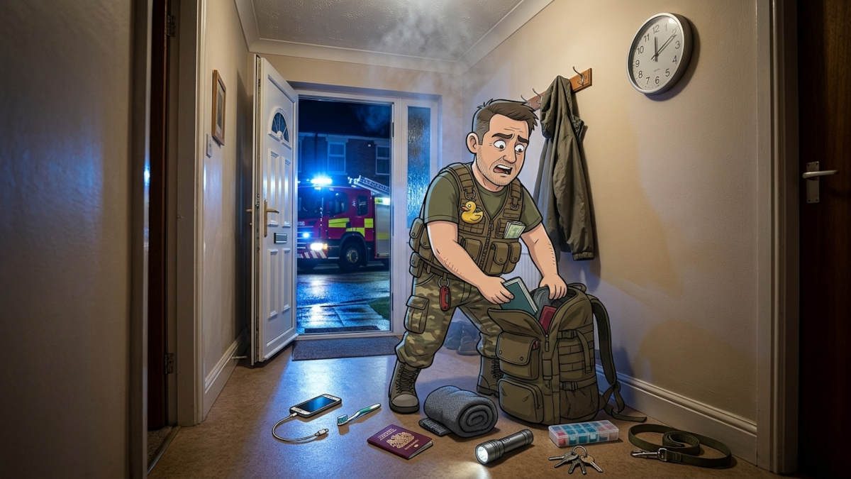 Keith from UK Prepper Hub rushing to pack a rucksack in his hallway at night while a fire engine waits outside the open front door