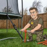 Cartoon Keith screwing heavy duty ground anchors into a lawn beside a trampoline, using the clear tube as a T-bar handle