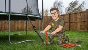 Cartoon Keith screwing heavy duty ground anchors into a lawn beside a trampoline, using the clear tube as a T-bar handle