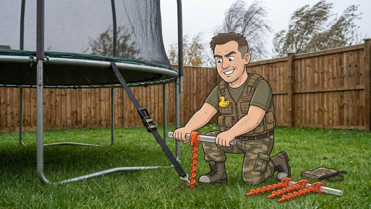 Cartoon Keith screwing heavy duty ground anchors into a lawn beside a trampoline, using the clear tube as a T-bar handle