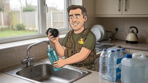Cartoon Keith the Prepper filling a LifeStraw Go water filter bottle at a kitchen sink, with stored bottled water beside him
