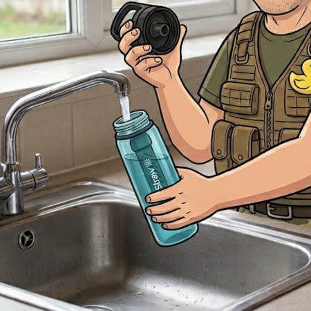 Cartoon Keith the Prepper filling a LifeStraw Go water filter bottle from a kitchen tap
