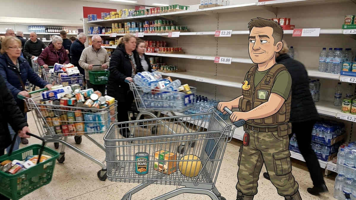 Keith with an almost empty trolley while shoppers fill theirs with tins and water during panic buying in a UK supermarket