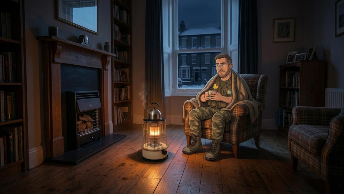 Cartoon Keith with a mug of tea beside a lit paraffin heater with a kettle on top in a dark UK living room during a power cut