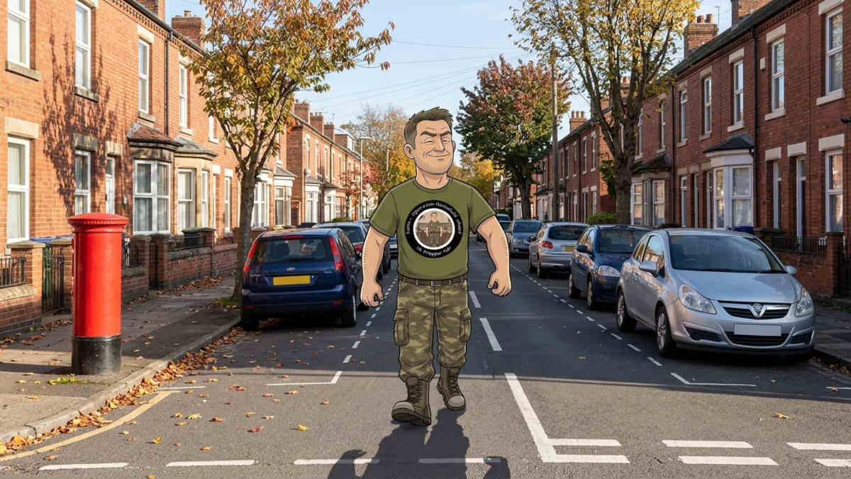 Keith The Prepper walking proudly down a UK street wearing his own Operation Household Shield t-shirt
